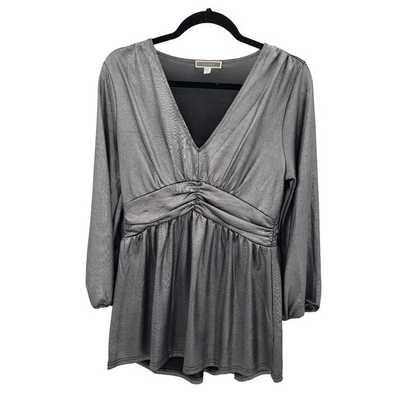 Anthropologie Pleione Metallic Silver Knit Top Womens Medium V Neck 3/4 Sleeve - Picture 1 of 11